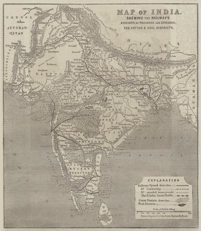 インドの地図、鉄道の刈り取りが終了し、進行中であり、綿花と石炭の地区 作： John Dower